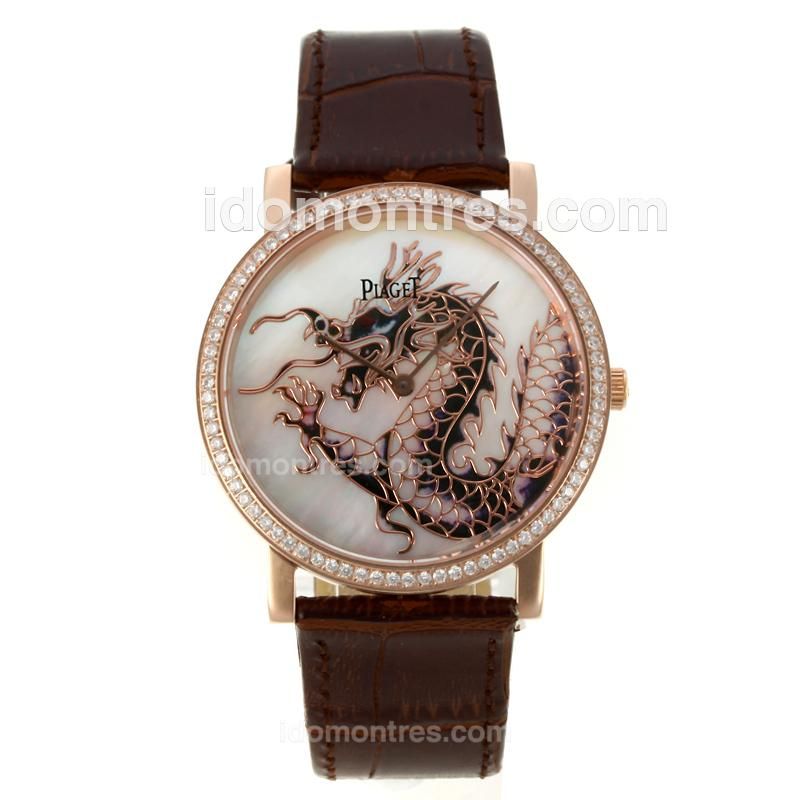Piaget Dragon & Phoenix Collection Rose Gold Case Diamond Bezel with MOP Dial-Brown Leather Strap