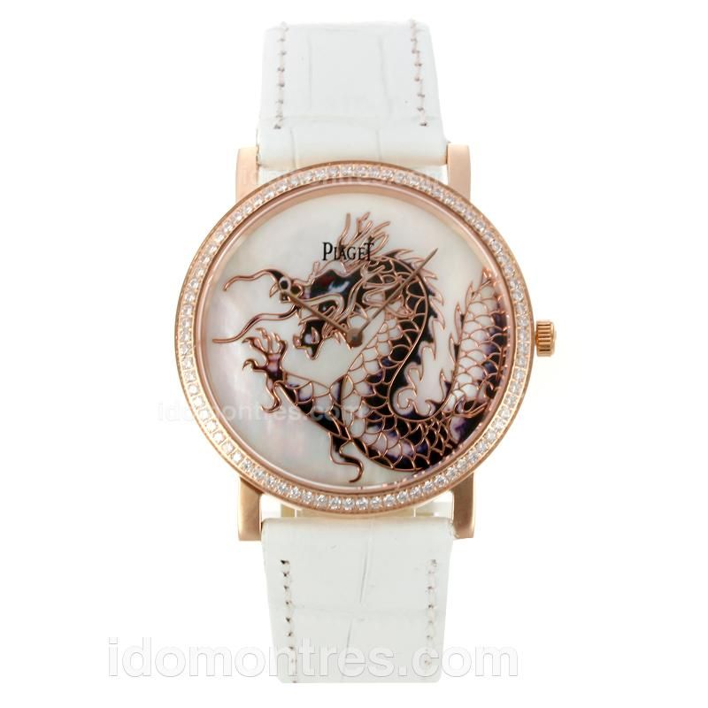 Piaget Dragon & Phoenix Collection Rose Gold Case Diamond Bezel with MOP Dial-White Leather Strap