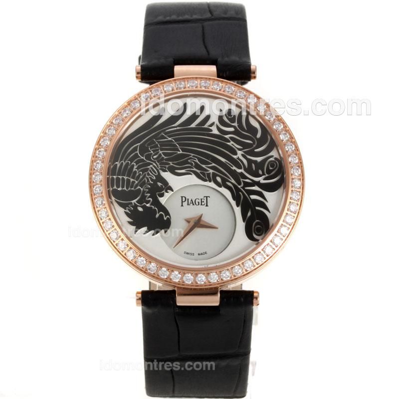Piaget Dragon & Phoenix Collection Rose Gold Case Diamond Bezel with White Dial-Black Leather Strap