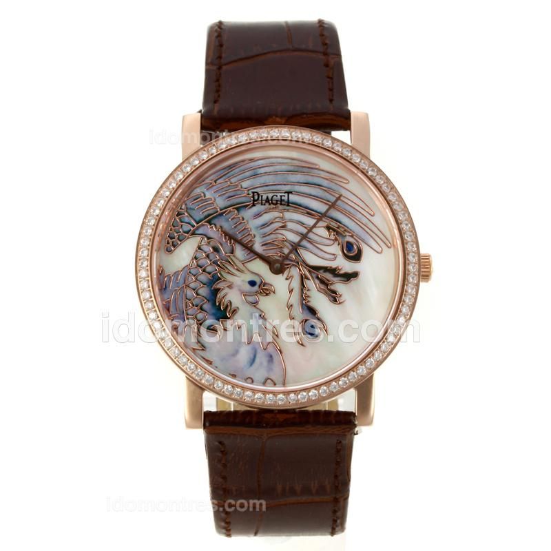 Piaget Dragon & Phoenix Collection Rose Gold Case Diamond Bezel with MOP Dial-Leather Strap
