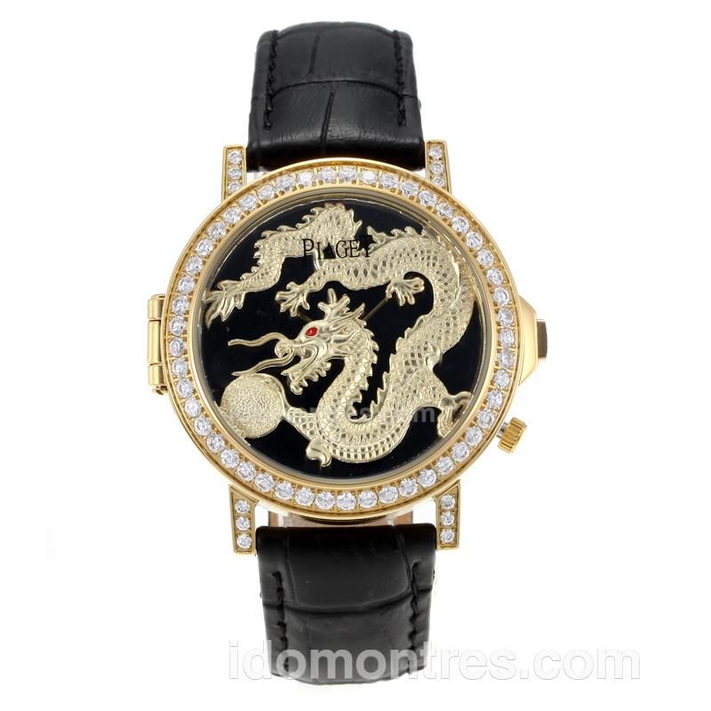 Piaget Dragon & Phoenix Collection Yellow Gold Case Diamond Bezel with Dragon Dial-Black Leather Strap