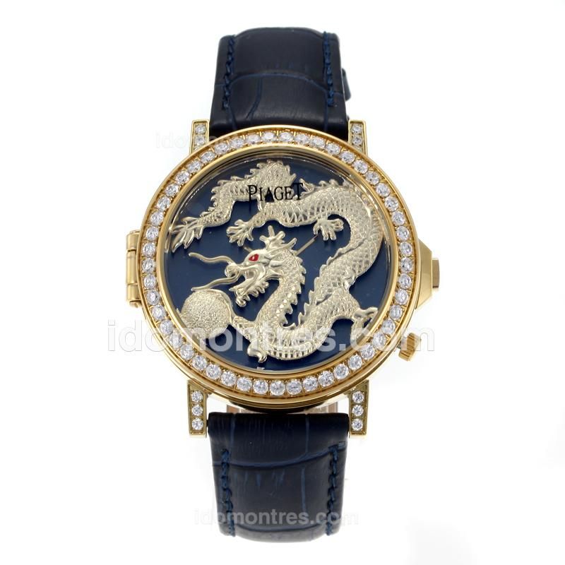 Piaget Dragon & Phoenix Collection Yellow Gold Case Diamond Bezel with Dragon Dial-Dark Blue Leather Strap