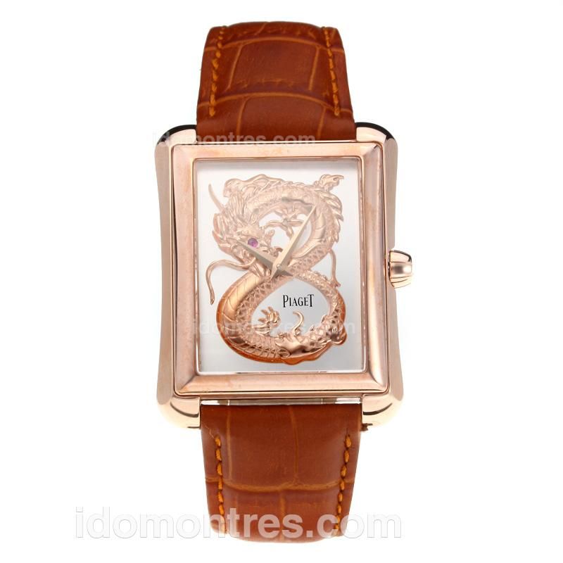 Piaget Dragon & Phoneix Collection Rose Gold Case with White Dial-Leather Strap