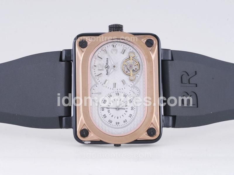 Bell & Ross Tourbillon Automatic PVD Case Rose Gold Bezel with White Carbon Fibre Style Dial-Silver Marking