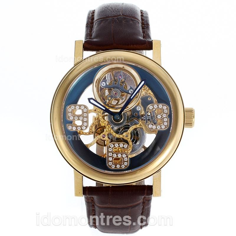 Breguet Classique Working Tourbillon Manual Winding Gold Case with Skeleton Dial-Leather Strap