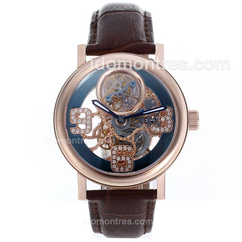 Breguet Classique Working Tourbillon Manual Winding Rose Gold Case with Skeleton Dial-Leather Strap