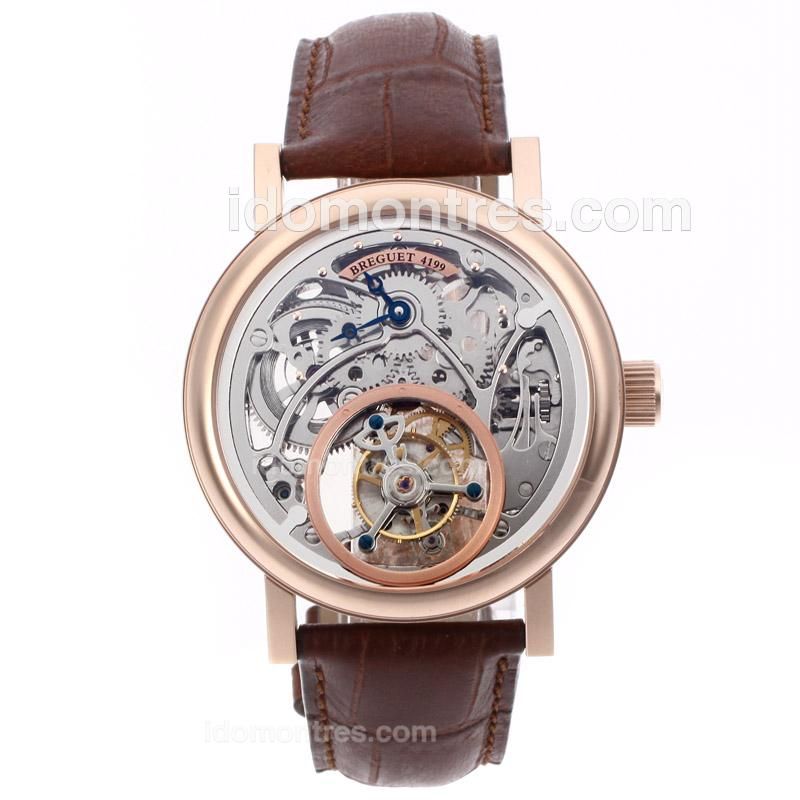 Breguet Classique Working Tourbillon Manual Winding Rose Gold Case with Skeleton Dial-Leather Strap