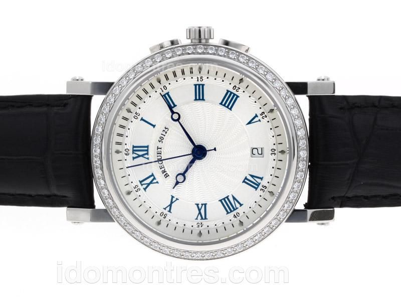 Breguet De La Marine 50125 Automatic Diamond Bezel with Silver Dial-Leather Strap