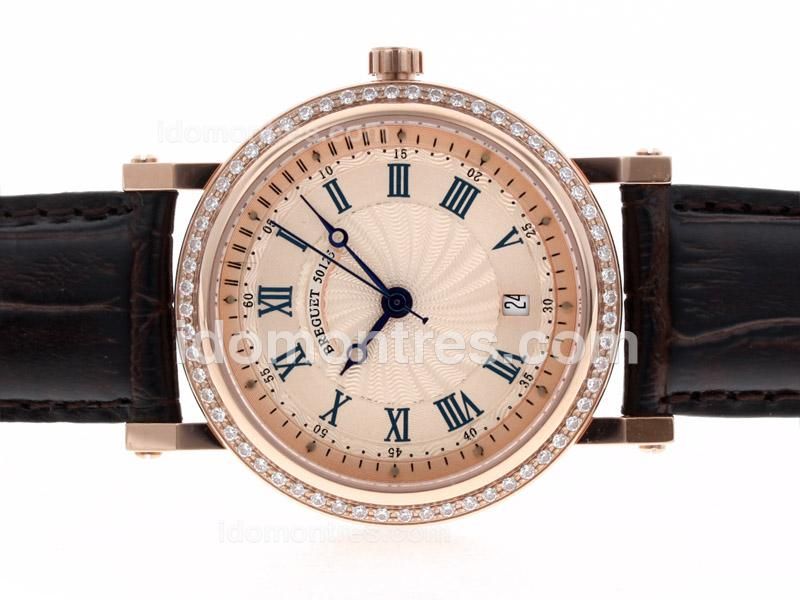 Breguet De La Marine 50125 Automatic Rose Gold Case Diamond Bezel with Champagne Dial-Leather Strap