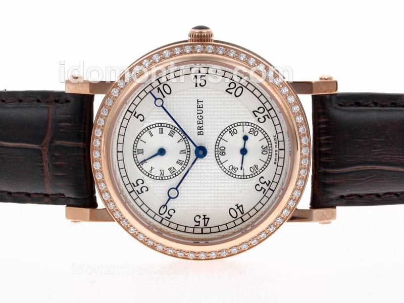 Breguet De La Marine Rose Gold Case Diamond Bezel with White Dial-Leather Strap