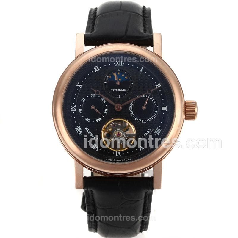 Breguet No.1492 Tourbillon Automatic Rose Gold Case with Black Dial-Leather Strap