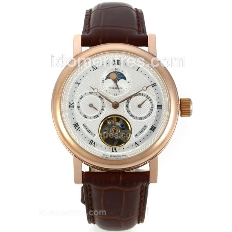 Breguet No.1492 Tourbillon Automatic Rose Gold Case with Silver Dial-Leather Strap