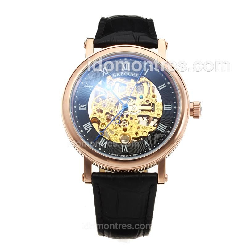 Breguet Tourbillon Automatic -18K plated Gold Movement Rose Gold Case with Black Dial-Leather Strap