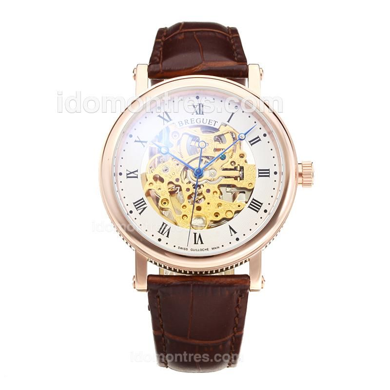 Breguet Tourbillon Automatic -18K plated Gold Movement Rose Gold Case with White Dial-Leather Strap-Roman Numeral Marker