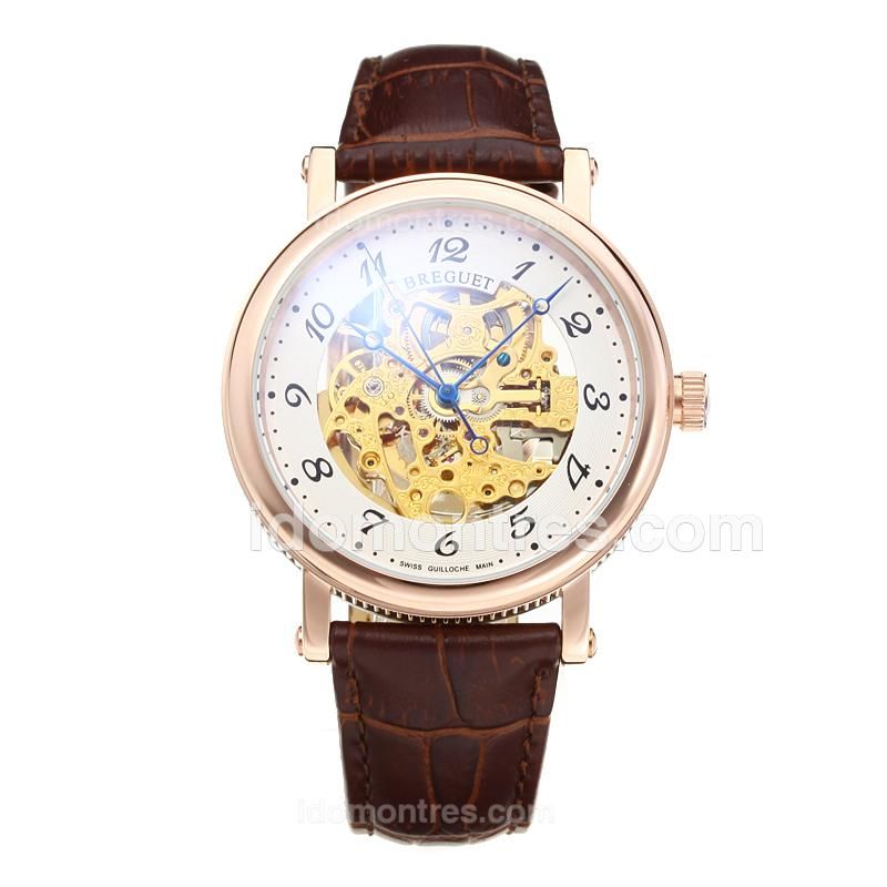 Breguet Tourbillon Automatic -18K plated Gold Movement Rose Gold Case with White Dial-Leather Strap-Number Marker