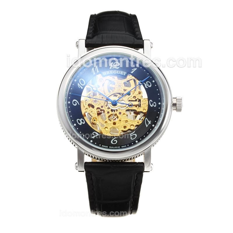 Breguet Tourbillon Automatic -18K plated Gold Movement with Black Dial-Leather Strap-Number Marker