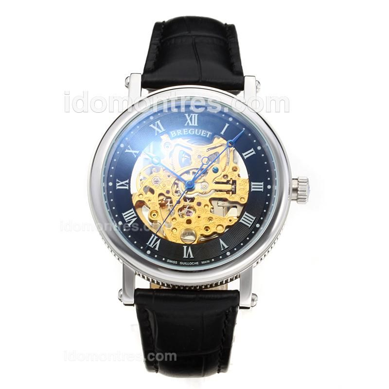 Breguet Tourbillon Automatic -18K plated Gold Movement with Black Dial-Leather Strap-Roman Numeral Marker