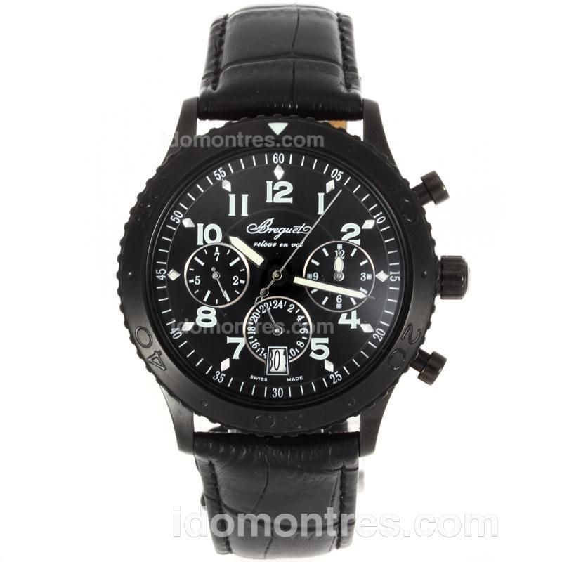 Breguet Type XX Automatic PVD Case with Black Dial-Leather Strap