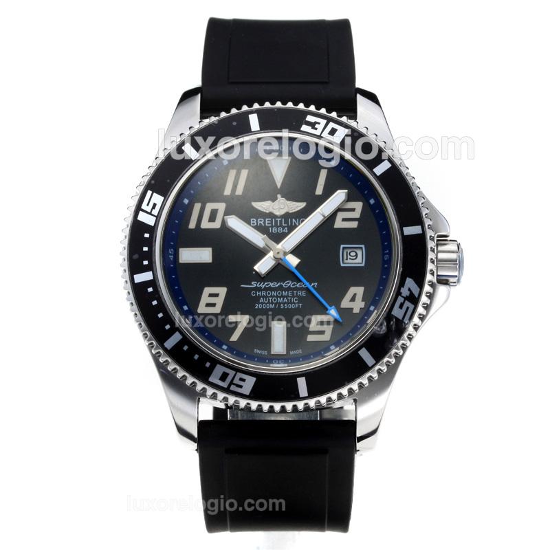 Breitling Super Ocean Automatic Black Bezel with Black Dial-Rubber Strap-Blue Needle