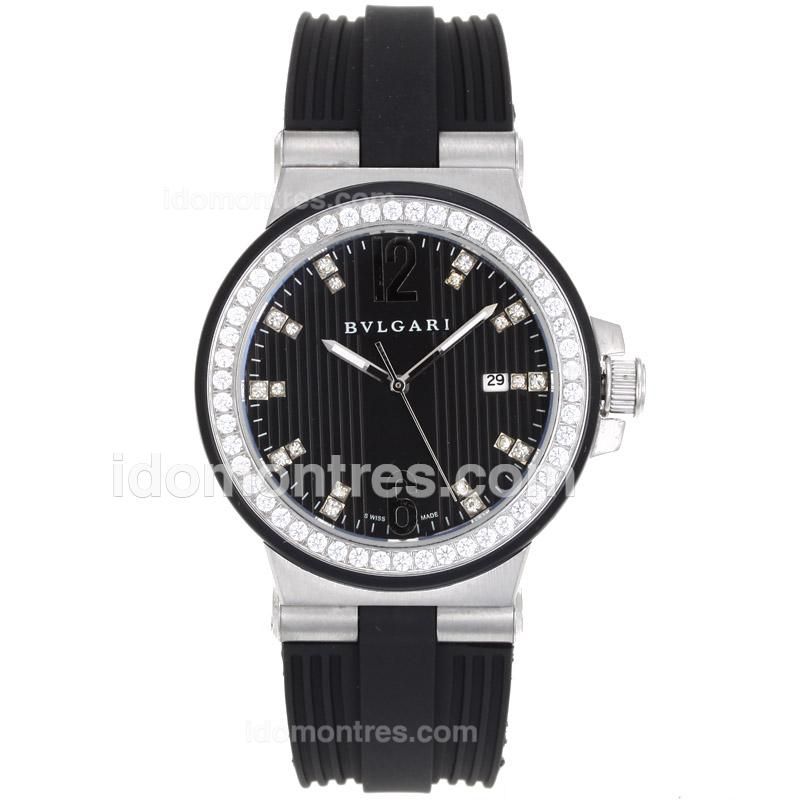 Bvlgari Diagono Diamond Markers and Bezel with Black Dial-Rubber Strap