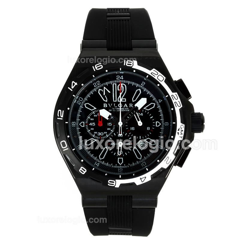 Bvlgari Diagono GMT Working Chronograph PVD Case White Markers with Black Dial-Rubber Strap