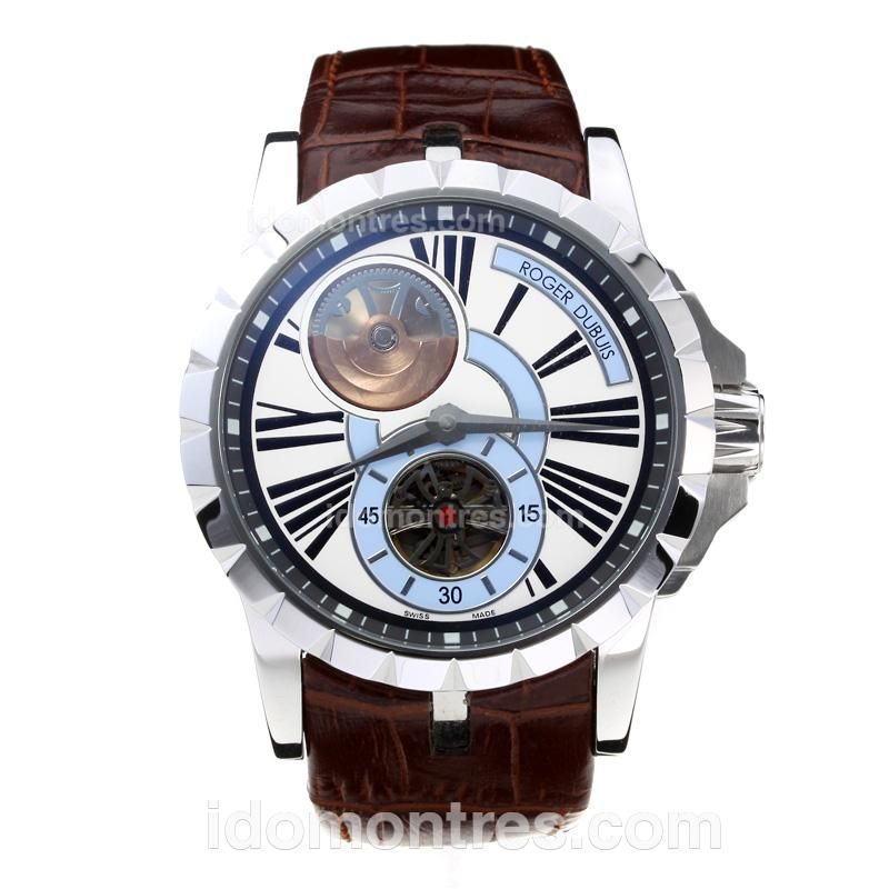 Roger Dubuis Excalibur Tourbillon Automatic with White Dial-Brown Leather Strap
