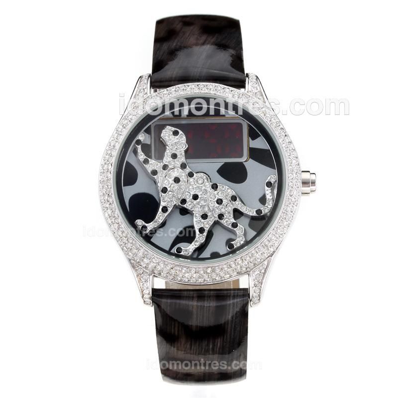 Cartier Jewellery Digital Watch Diamond Case with Leopard Decoration-Leather Strap