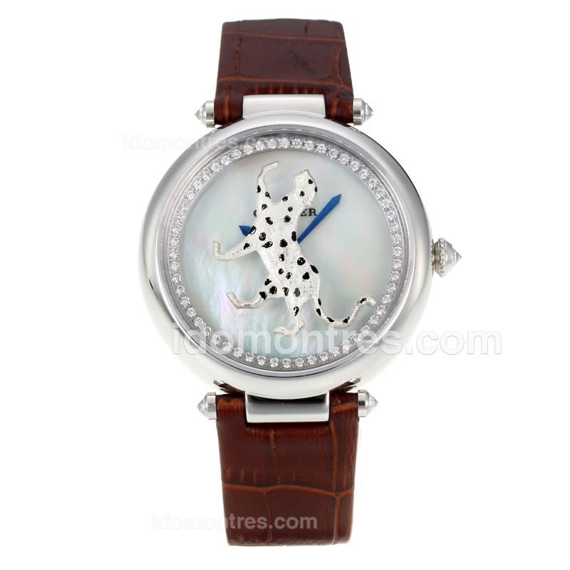 Cartier Masse Secrete Panther Decor with MOP Dial-Sapphire Glass-Dark Brown Leather Strap