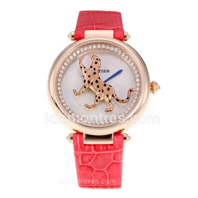 Cartier Masse Secrete Panther Decor Rose Gold Case with MOP Dial-Sapphire Glass-Peachblow Leather Strap