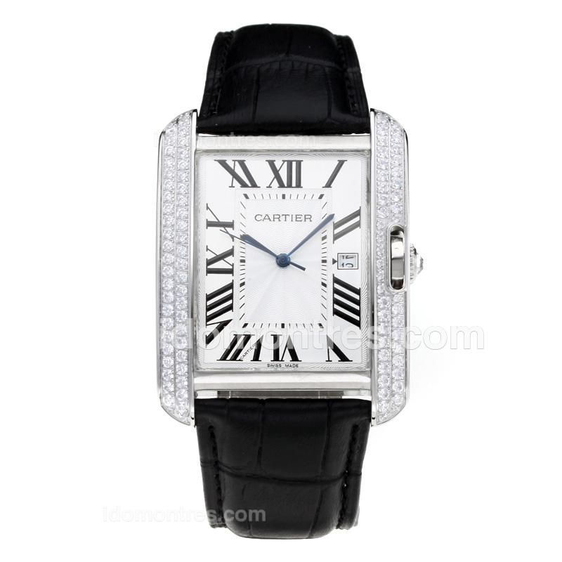 Cartier Tank Diamond Case with White Dial-Black Leather Strap