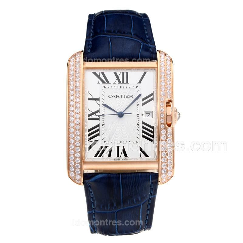 Cartier Tank Diamond Rose Gold Case with White Dial-Blue Leather Strap