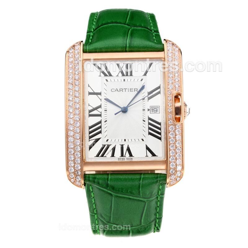 Cartier Tank Diamond Rose Gold Case with White Dial-Green Leather Strap