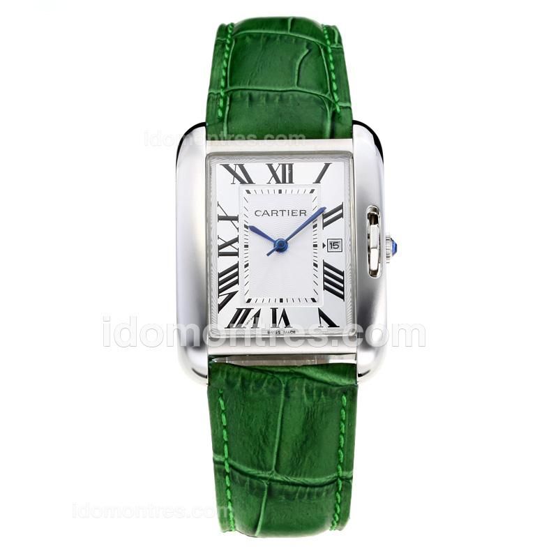 Cartier Tank with White Dial-Green Leather Strap