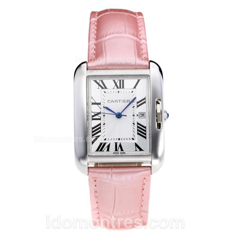 Cartier Tank with White Dial-Pink Leather Strap