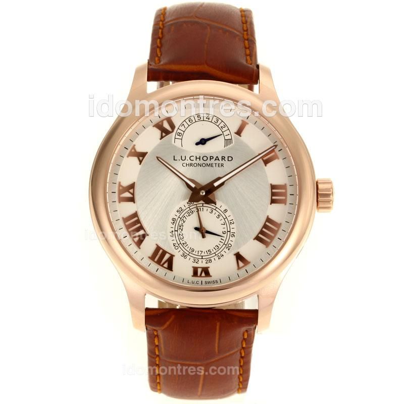Chopard LUC Working Power Reserve Automatic Full Rose Gold Roman Markers with Silver Dial-Brown Leather Strap