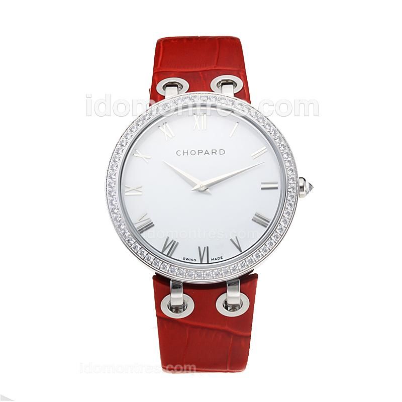 Chopard Xtravaganza Diamond Bezel with White Dial-Red Leather Strap-Same Chassis as the Swiss Version
