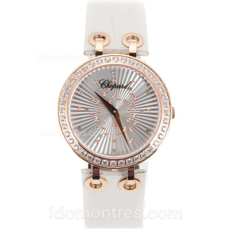 Chopard Xtravaganza Rose Gold Case Diamond Bezel with Silver Dial-White Leather Strap