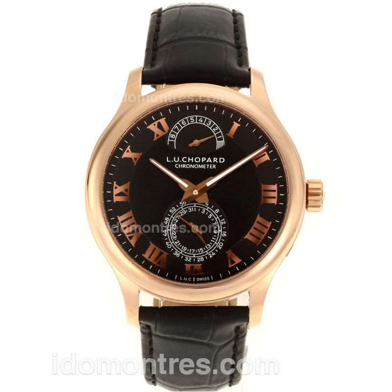 Chopard LUC Working Power Reserve Automatic Full Rose Gold Roman Markers with Black Dial and Leather Strap