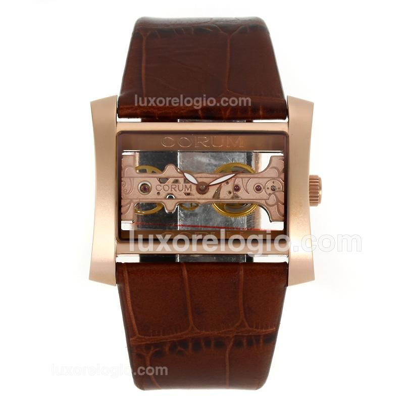 Corum Golden Bridge Automatic Rose Gold Case with Brown Leather Strap
