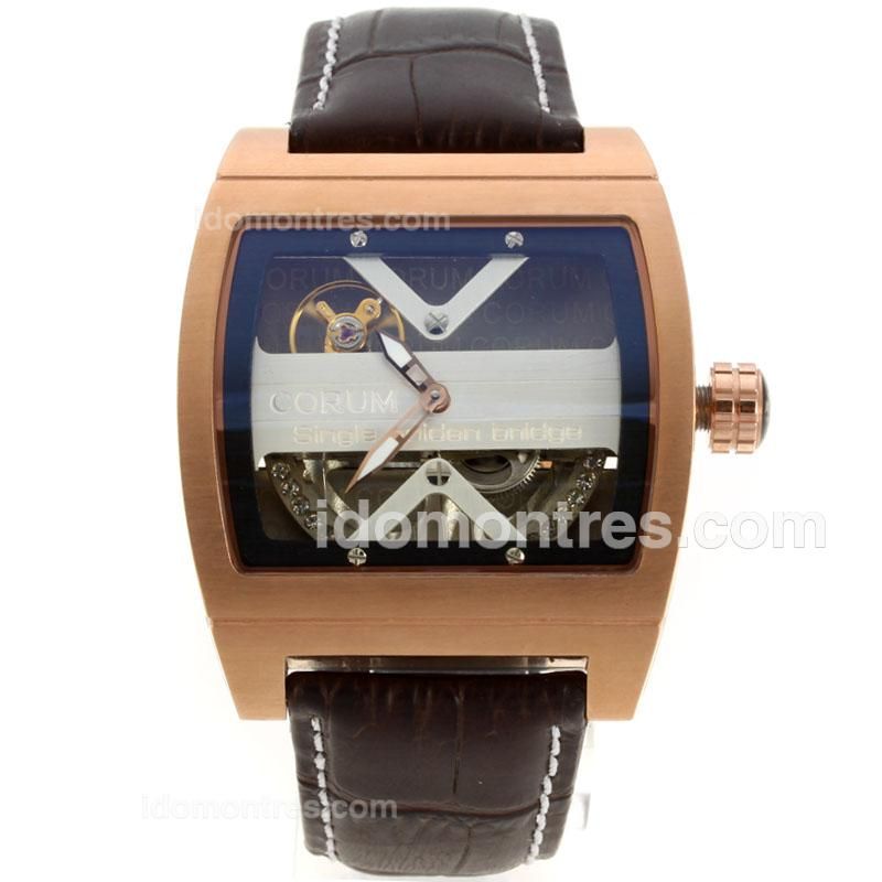 Corum Single Golden Bridge Automatic Rose Gold Case with Brown Leather Strap