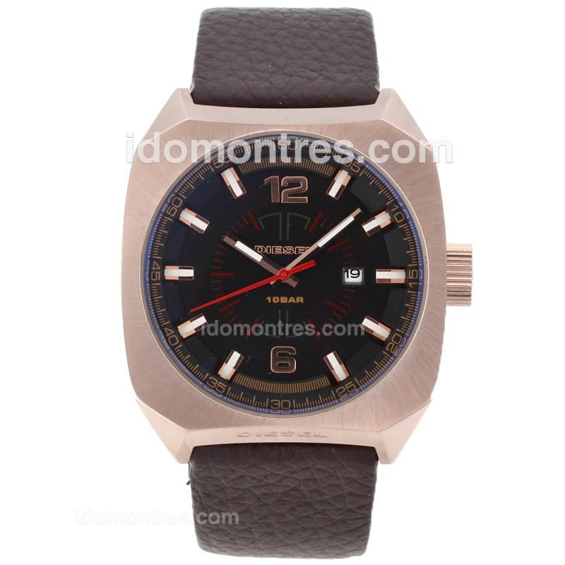 Diesel Rose Gold Case with Black Dial-Leather Strap