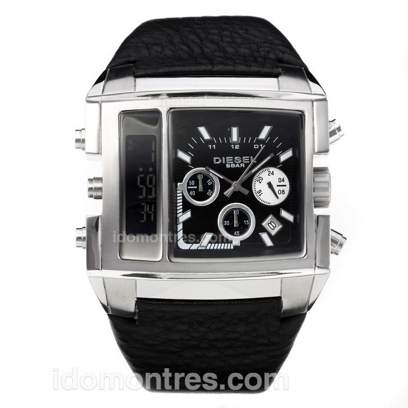 Diesel Two Time Zone Working Chronograph with Black Dial-Black Leather Strap