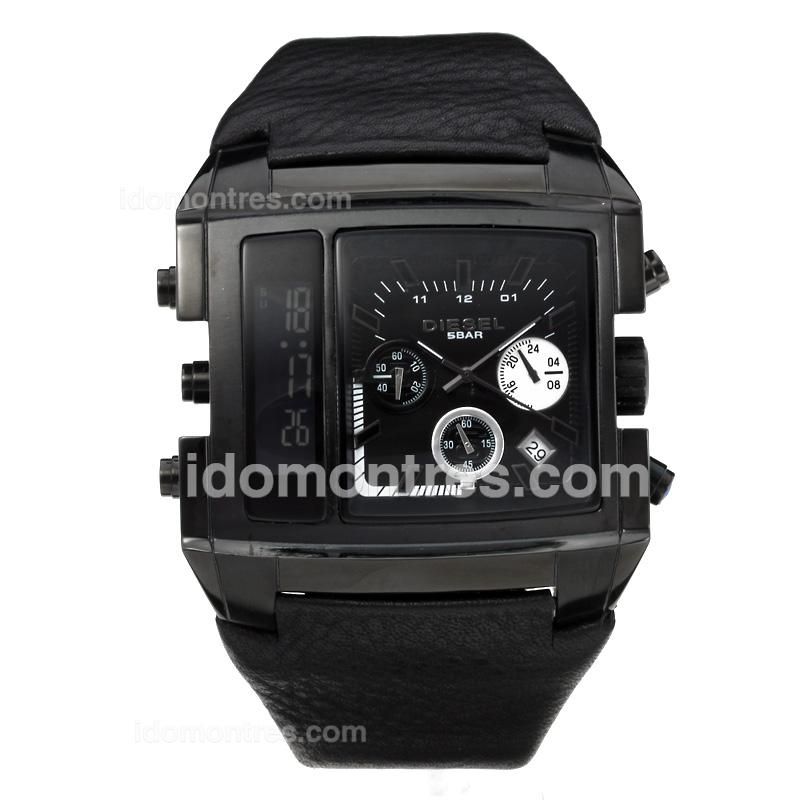 Diesel Two Time Zone Working Chronograph PVD Case with Black Dial-Black Leather Strap