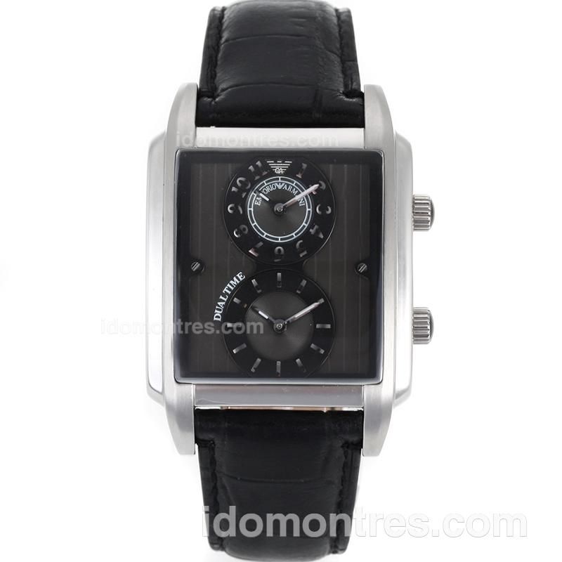 Emporio Armani Sport Dualtime with Black Dial-Leather Strap
