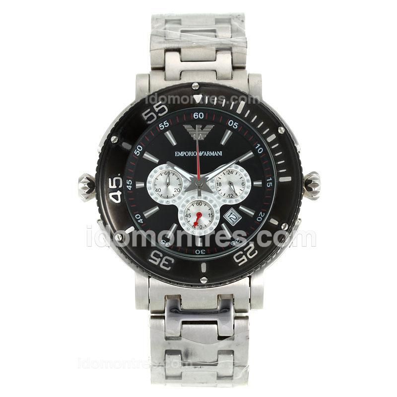 Emporio Armani Sport Working Chronograph Black Bezel Stick Markers with Black Dial-S/S