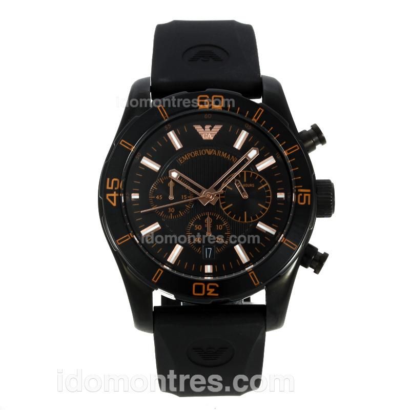 Emporio Armani Sport Working Chronograph PVD Case with Black Dial Orange Markers-Rubber Strap