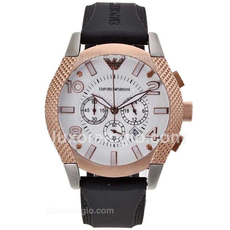 Emporio Armani Sport Working Chronograph Two Tone Case with White Dial-Rubber Strap