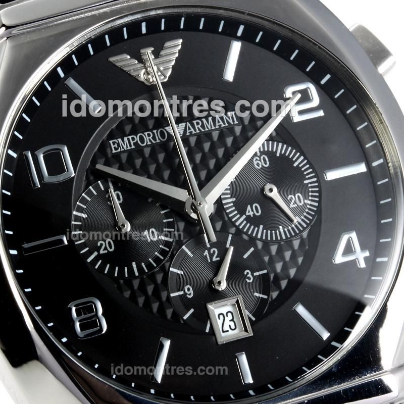 Emporio Armani Sport Working Chronograph with Black Dial-Black Leather Strap