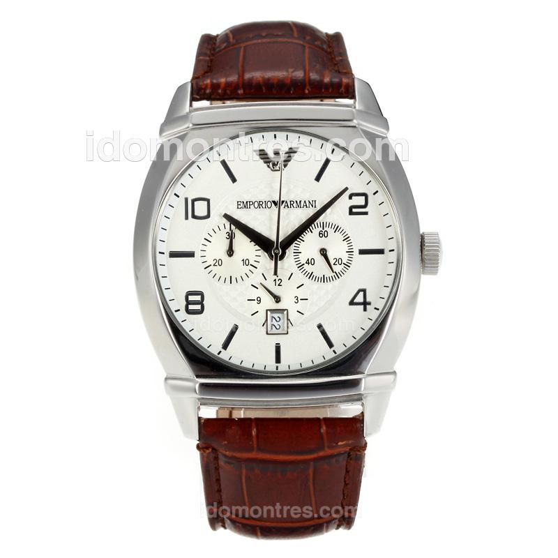 Emporio Armani Sport Working Chronograph with White Dial-Brown Leather Strap