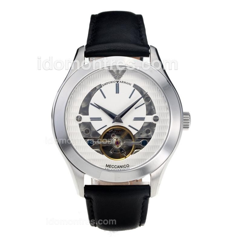 Emporio Armani Tourbillon Automatic with White Dial-Leather Strap